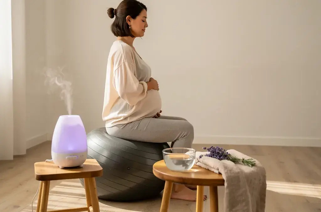 Aromatherapie während der Geburt fördert Entspannung mit ätherischen Ölen wie Lavendel und Mandarine