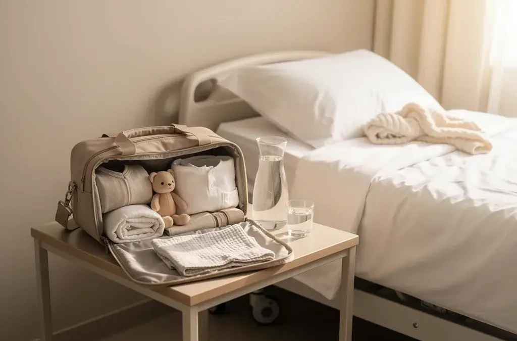 Kliniktasche zur Geburt mit Checkliste für werdende Eltern und wichtige Dokumente