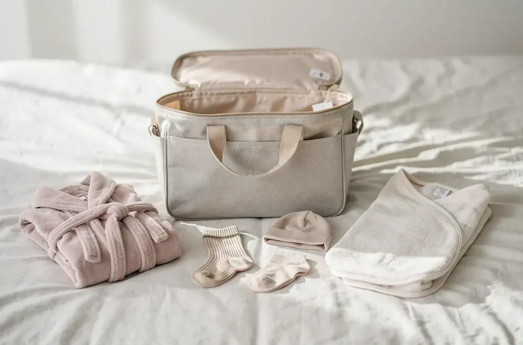 Minimalistisch gepackte Kliniktasche mit Essentials für die Geburt und Wochenbettstation