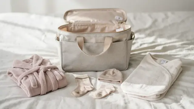 Minimalistisch gepackte Kliniktasche mit Essentials für die Geburt und Wochenbettstation