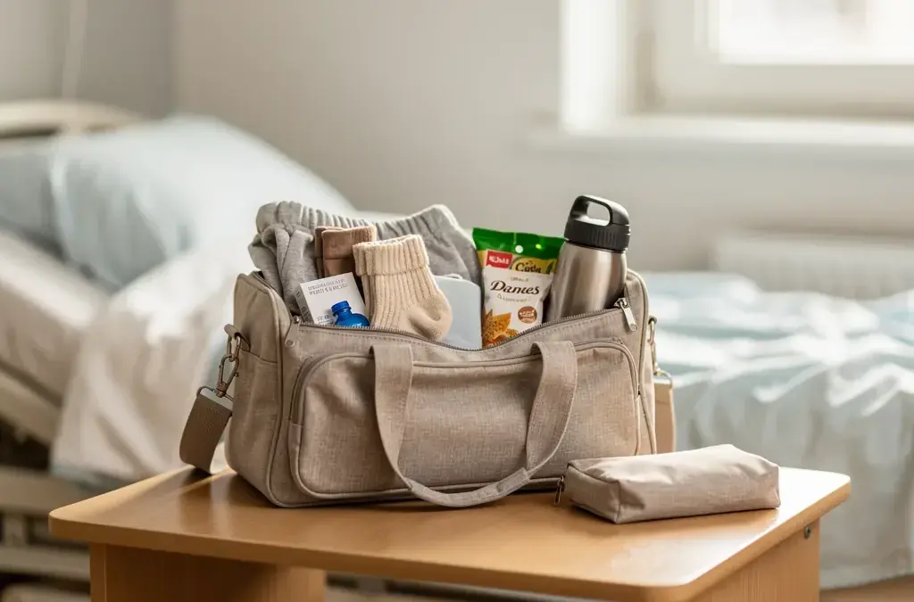 Kliniktasche für den Partner mit wichtigen Essentials für die Geburt