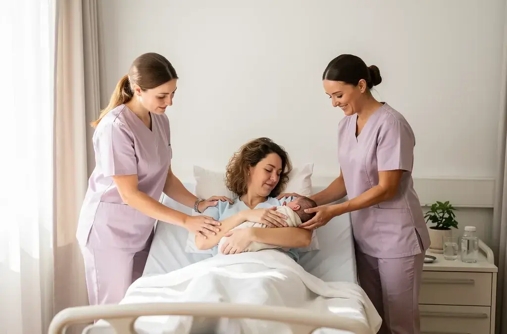 Frauen im Krankenhaus nach Kaiserschnitt mit medizinischem Personal und Neugeborenem