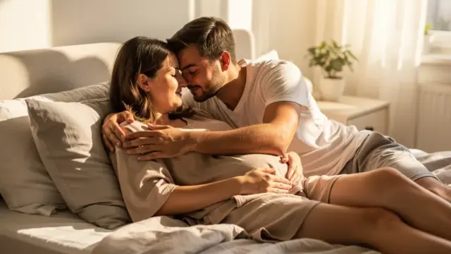 Paar beim sanften Neustart ihrer Intimität im Wochenbett nach der Geburt