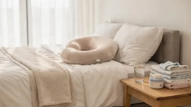 Ruhiges Schlafzimmer mit Stillkissen und Babyutensilien zum Thema Wochenbett Dauer