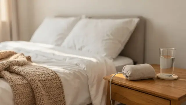 Ruhiges Wochenbett-Schlafzimmer mit Wärmekissen und Wasser als Thema Nachwehen im Wochenbett