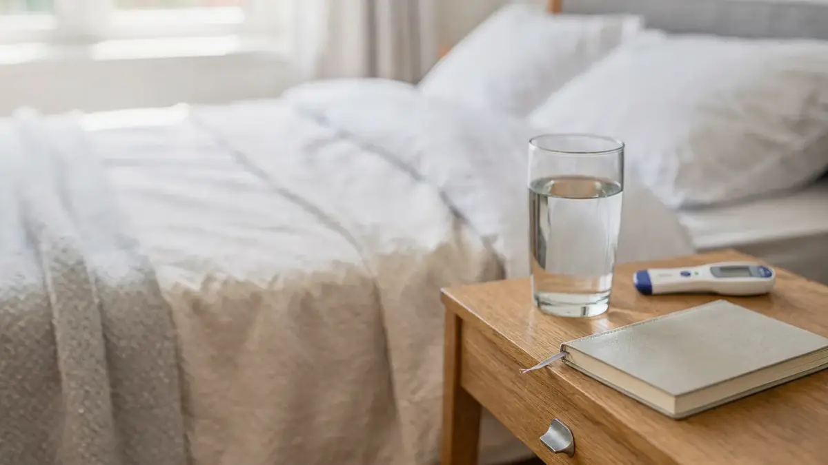 Postpartum-Szene mit Bett, Thermometer und Wasser zum Thema Wochenbett: Wann sollte man zum Arzt?