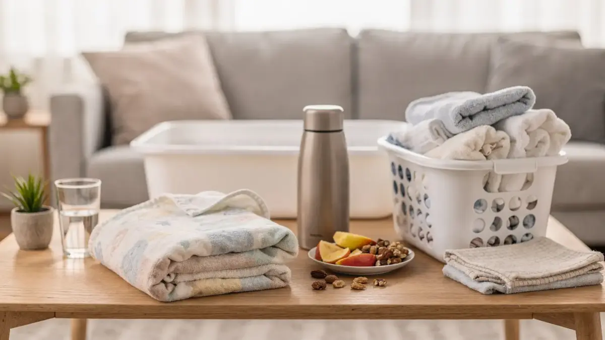 Wochenbett-Hilfe im Alltag mit Babybett, Decke, Snacks und Haushaltshilfen in heller Wohnumgebung