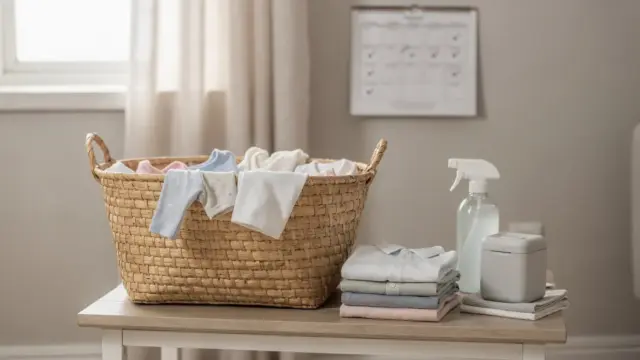 Ordentlicher Haushalt im Wochenbett mit Wäschekorb, Babykleidung und erledigten Aufgaben