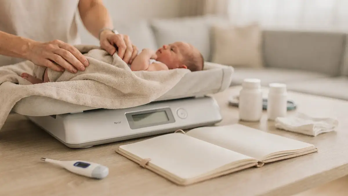 Hebamme bei der Nachsorge im Wochenbett in einer hellen Wohnung mit Baby und medizinischem Zubehör