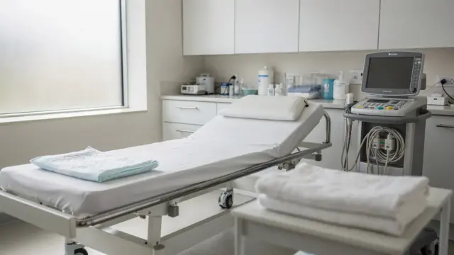 Klinische Geburtsvorbereitung mit Bett, Monitor und Hygieneartikeln zum Thema Blasensprung vor der Geburt