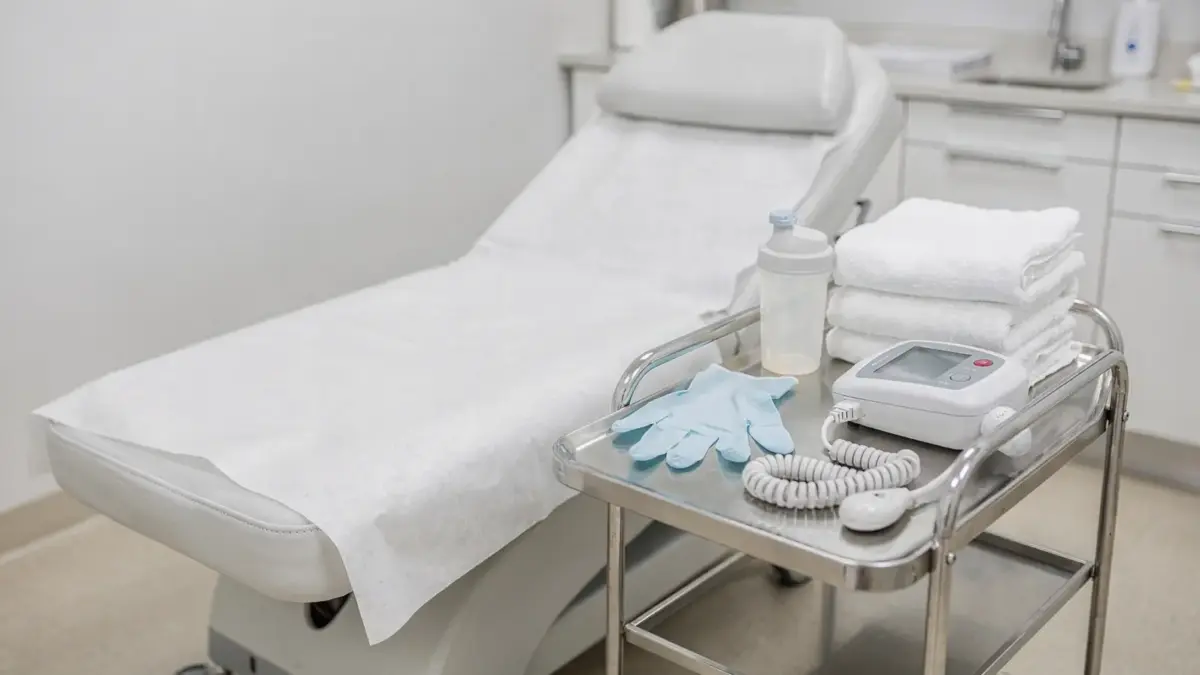 Klinische Szene zum Thema Blasensprung erkennen mit Untersuchungsliege und medizinischen Utensilien