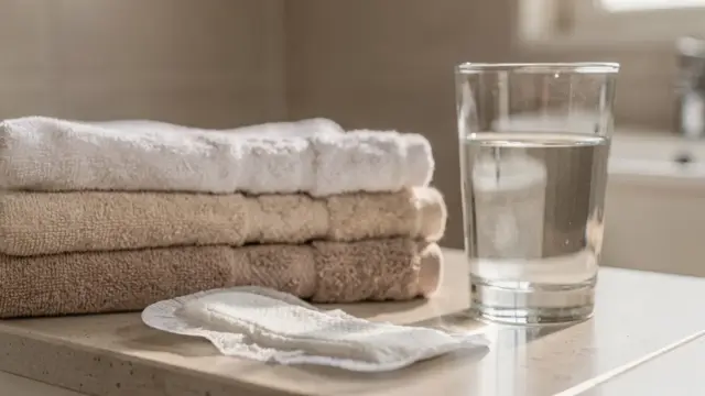 Postpartum-Bad mit Binden und Handtüchern zum Thema Wochenfluss nach der Geburt