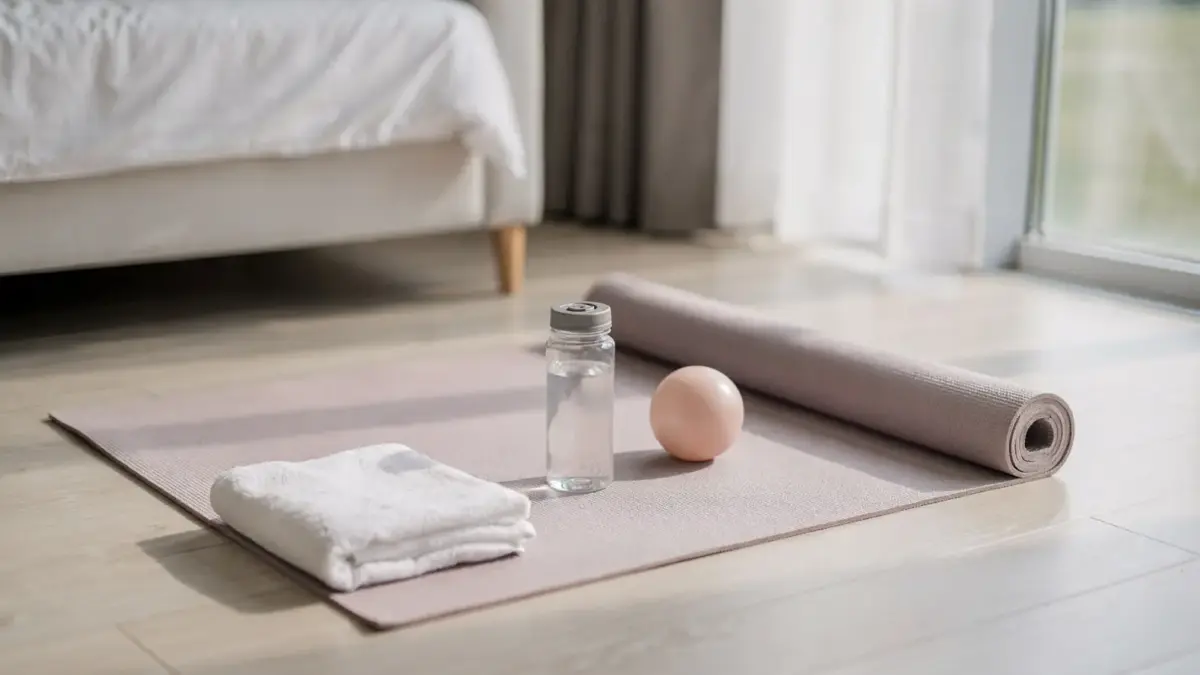 Postpartum-Fitness mit Yogamatte und Sportschuhen zum Thema Sport nach der Geburt