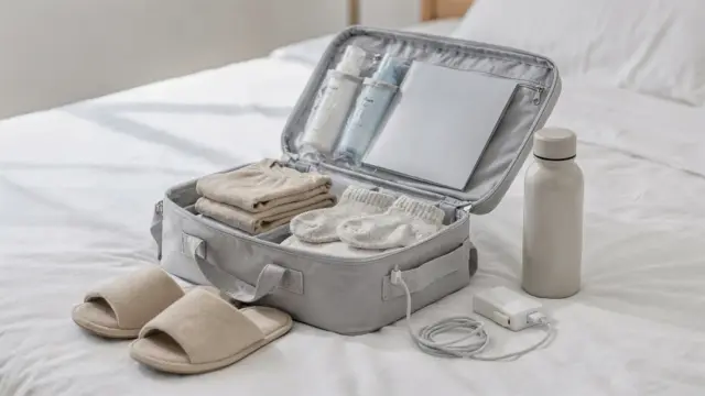 Kliniktasche mit Kleidung, Toilettenartikeln und Dokumenten zum Packen für die Geburt