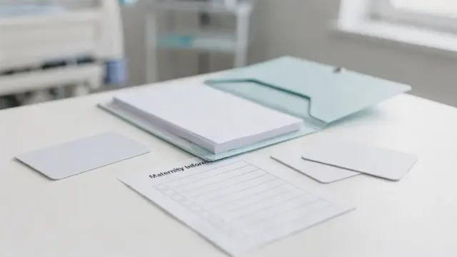 Unterlagen für die Geburt: Krankenversicherungskarte, Ausweis und Checklist auf einem Tisch