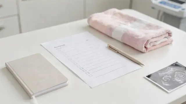 Geburtsplan-Inhalt mit Checkliste, Notizbuch und Babydecke auf hellem Tisch