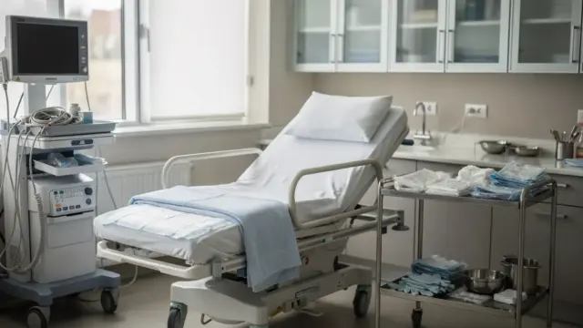 Leerer Kreißsaal mit Geburtsbett und medizinischer Ausstattung zum Geburtsphasen-Ablauf