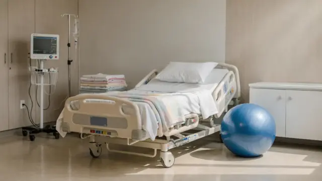 Maternity ward mit Geburtsbett und Monitoren zum Thema Wie lange dauert eine Geburt typischerweise?