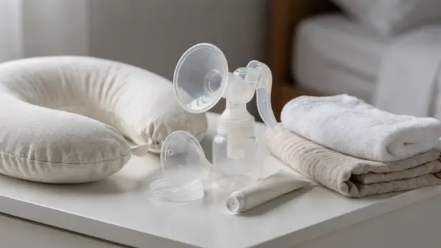 Stillhilfe mit Brustpumpe, Stillkissen und Pflegecreme bei wunden Brustwarzen beim Stillen