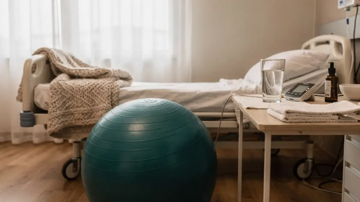 Maternity room mit Geburtsball und Hilfsmitteln zum Thema Was hilft gegen Geburtswehen?