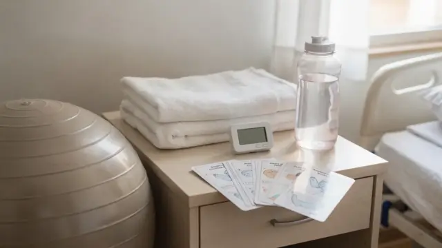Schwangere übt Atemtechniken bei der Geburt mit Birthing-Ball und Matte