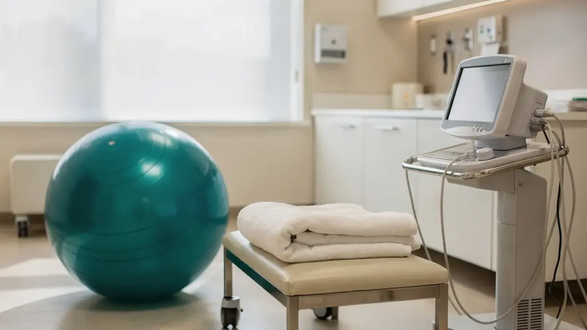 Ruhige Geburtsvorbereitung mit Ball, Monitor und Klinikzimmer zum Thema Angst vor der Geburt