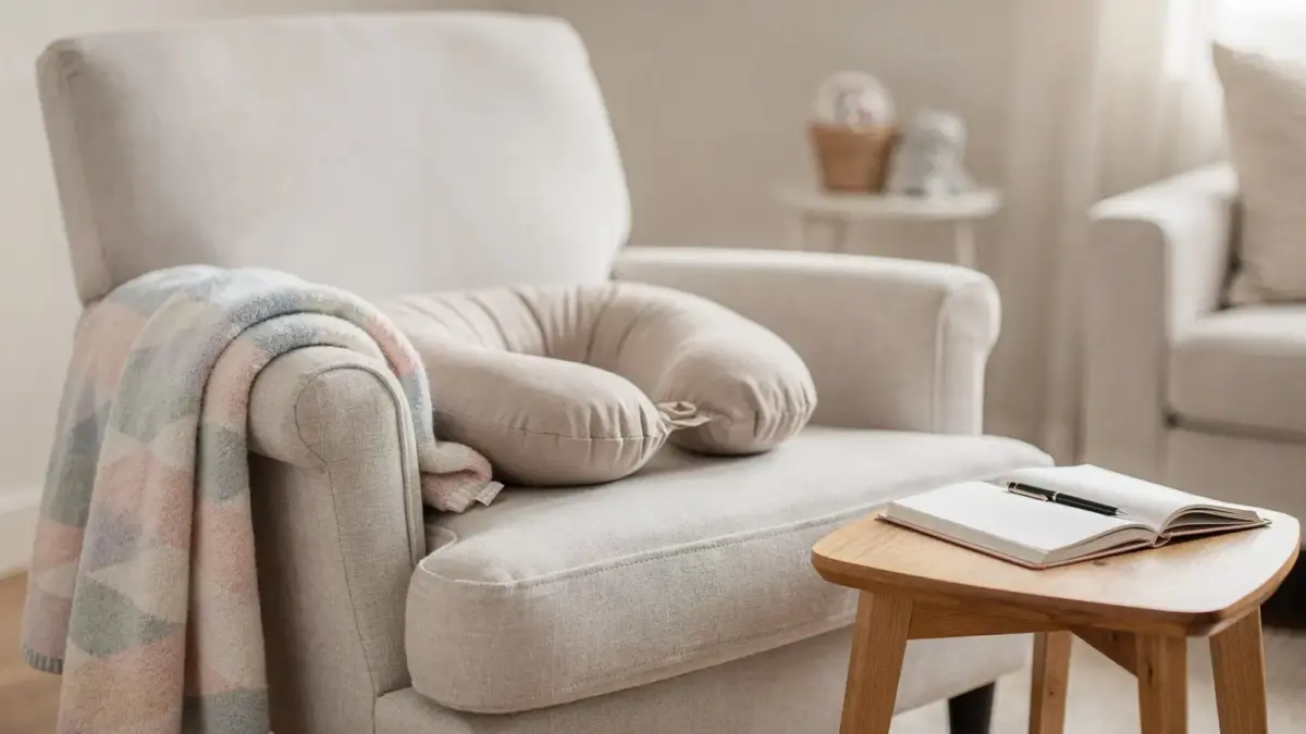Postpartum-Szene mit Stillkissen und Notizbuch zum Thema Wochenbettdepression erkennen