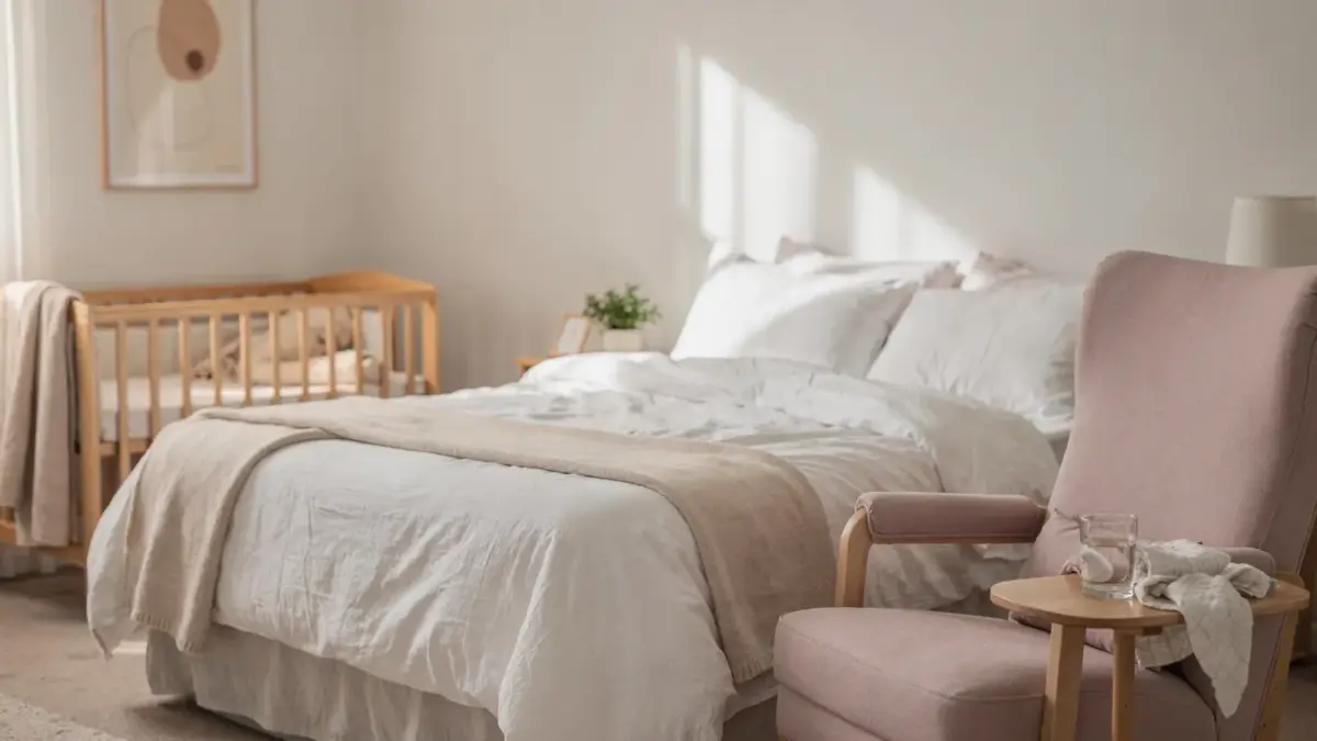 Ruhiges Schlafzimmer nach der Geburt mit Babybett und Stillstuhl zum Thema Stimmungsschwankungen nach der Geburt