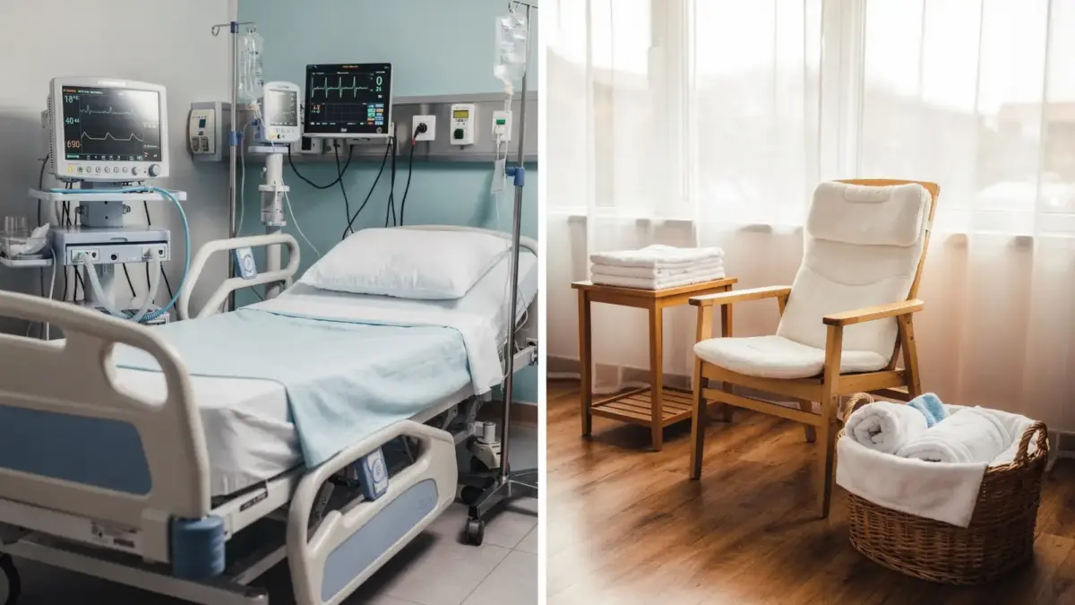Klinikgeburt und Hausgeburt im Vergleich: Krankenhauszimmer und ruhige Geburtsumgebung zu Hause