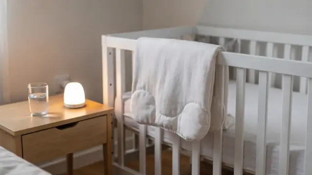 Ruhige postpartale Wohnszene mit Babybett, Decke und Nachtlicht zum Thema Ängste nach der Geburt