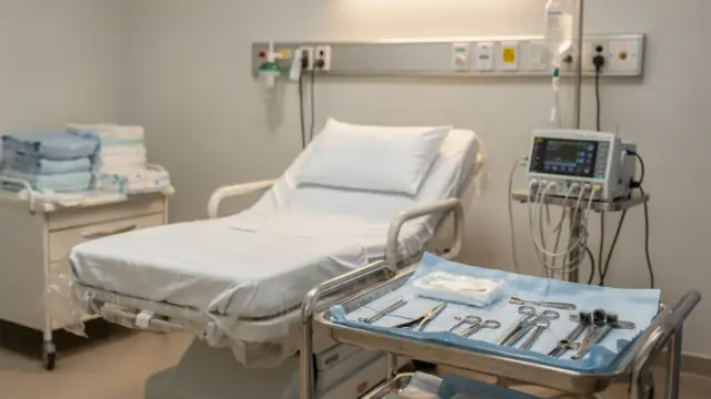 Klinischer Geburtsraum zur Austreibungsphase der Geburt mit Bett, Monitoring und sterilen Tüchern