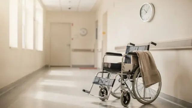 Klinikflur mit vorbereitetem Rollstuhl und Uhr zum Thema Wehen und Fruchtwasserabgang
