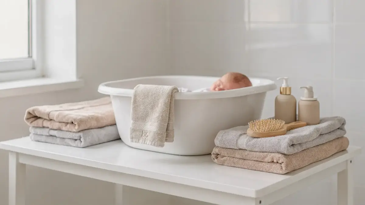 Neugeborenes baden in einer kleinen Babybadewanne mit Handtüchern und Pflegeutensilien