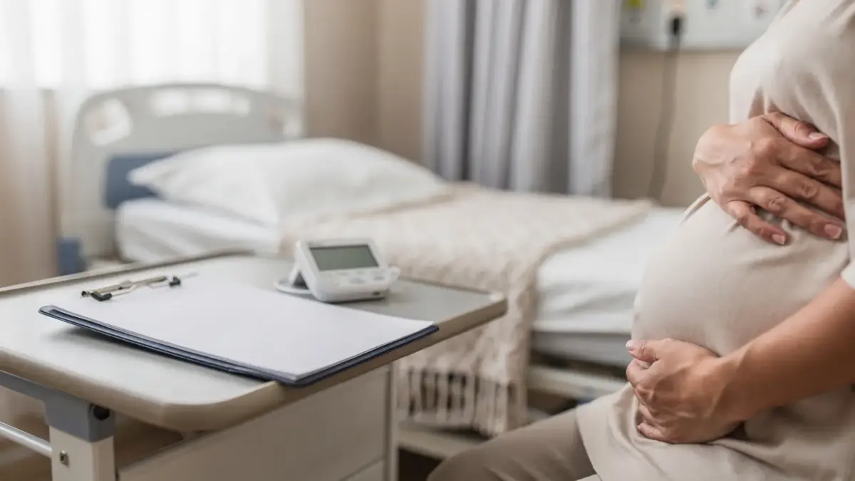 Schwangere Frau mit Händen am Bauch in Klinikszene zum Thema Anzeichen der Geburt